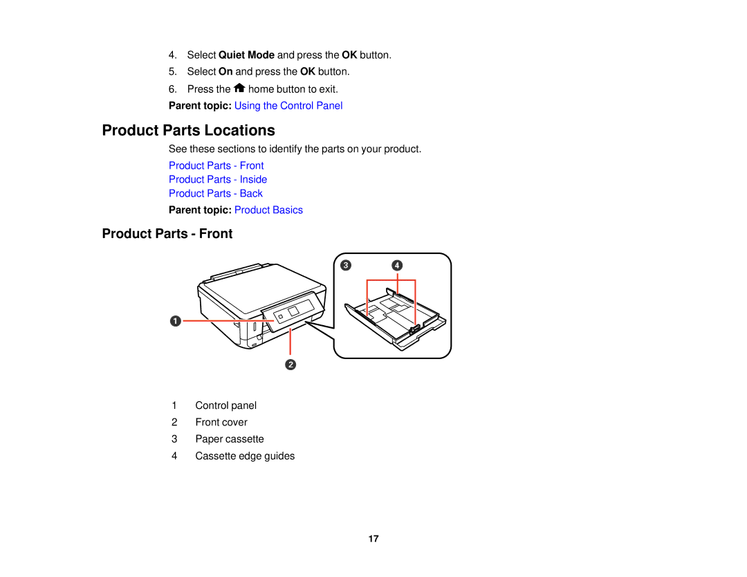 Epson XP-520 manual Product Parts Locations, Product Parts Front 