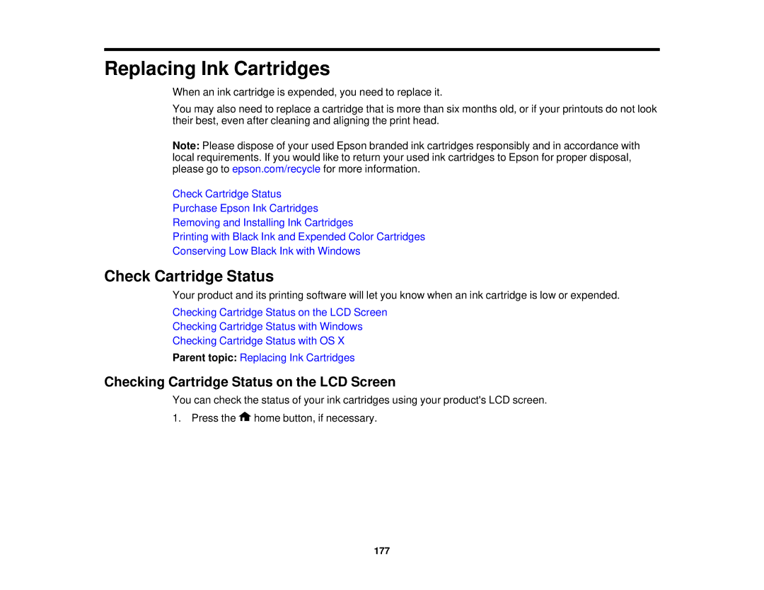 Epson XP-520 manual Check Cartridge Status, Checking Cartridge Status on the LCD Screen 