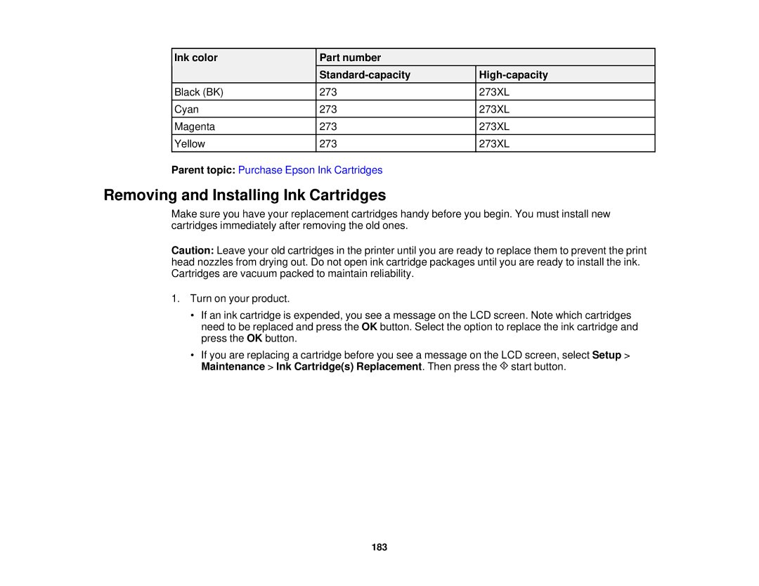 Epson XP-520 manual Removing and Installing Ink Cartridges, Ink color Part number Standard-capacity High-capacity 