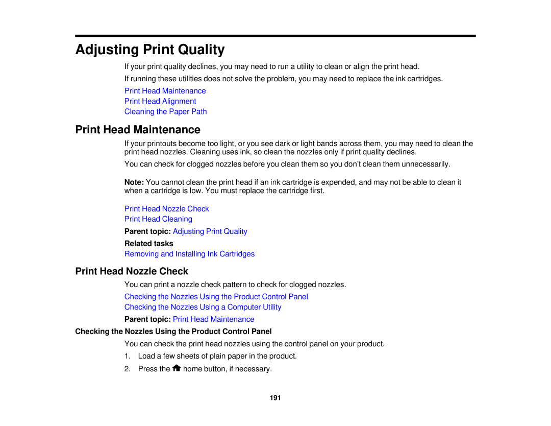 Epson XP-520 manual Print Head Maintenance, Print Head Nozzle Check, Checking the Nozzles Using the Product Control Panel 