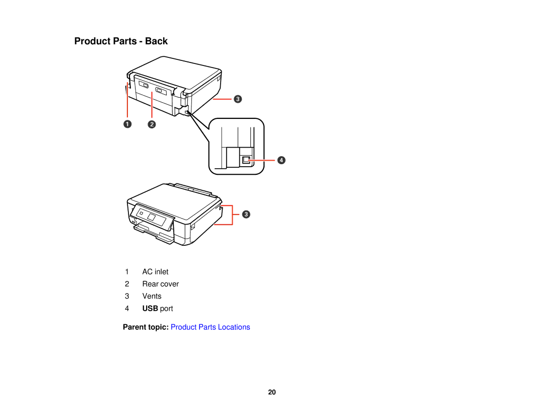 Epson XP-520 manual Product Parts Back, USB port 