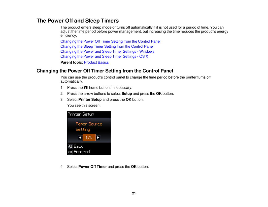 Epson XP-520 manual Power Off and Sleep Timers, Changing the Power Off Timer Setting from the Control Panel 