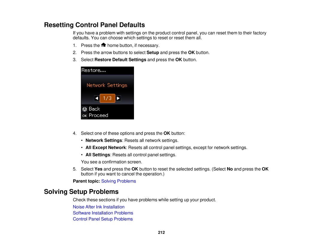 Epson XP-520 manual Resetting Control Panel Defaults, Solving Setup Problems 