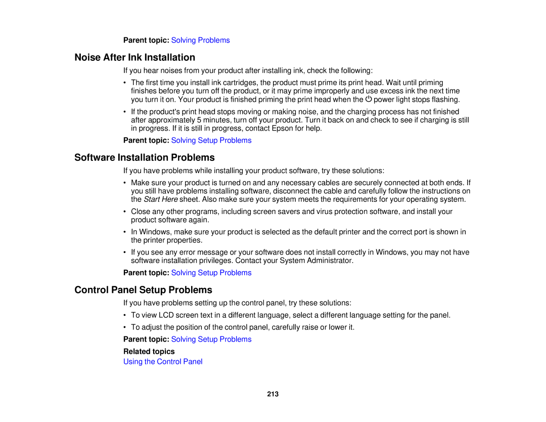 Epson XP-520 manual Noise After Ink Installation, Software Installation Problems, Control Panel Setup Problems 