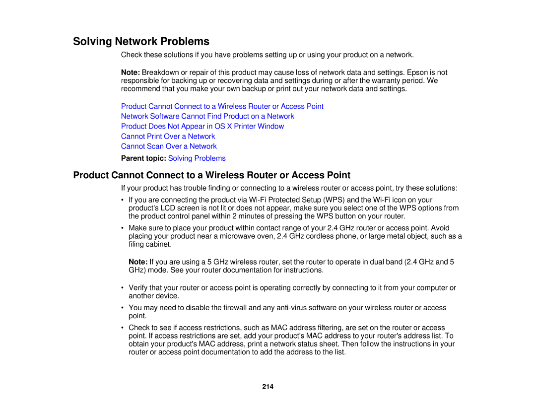 Epson XP-520 manual Solving Network Problems, Product Cannot Connect to a Wireless Router or Access Point 