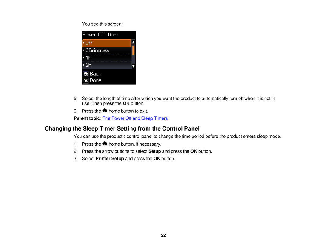 Epson XP-520 manual Changing the Sleep Timer Setting from the Control Panel 