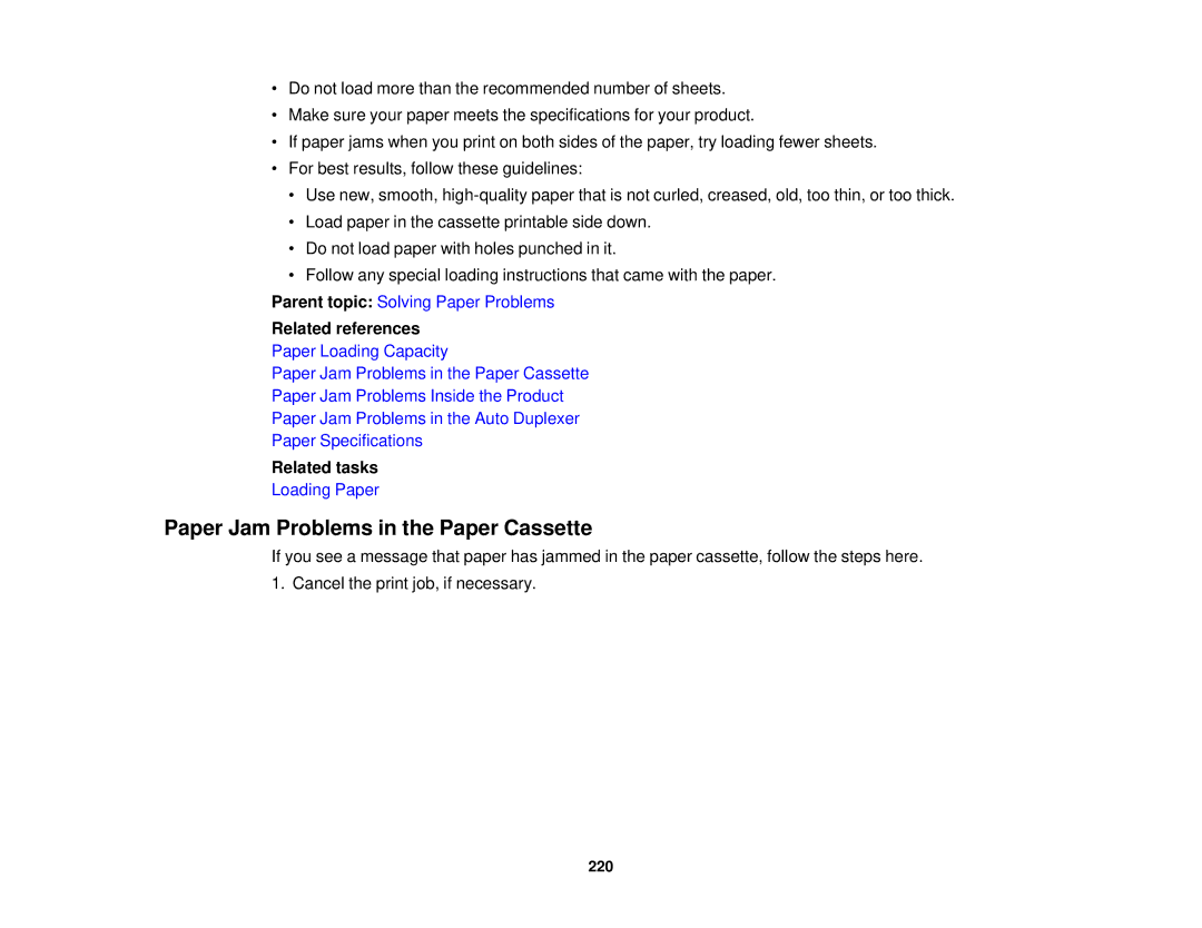 Epson XP-520 manual Paper Jam Problems in the Paper Cassette, Related references 