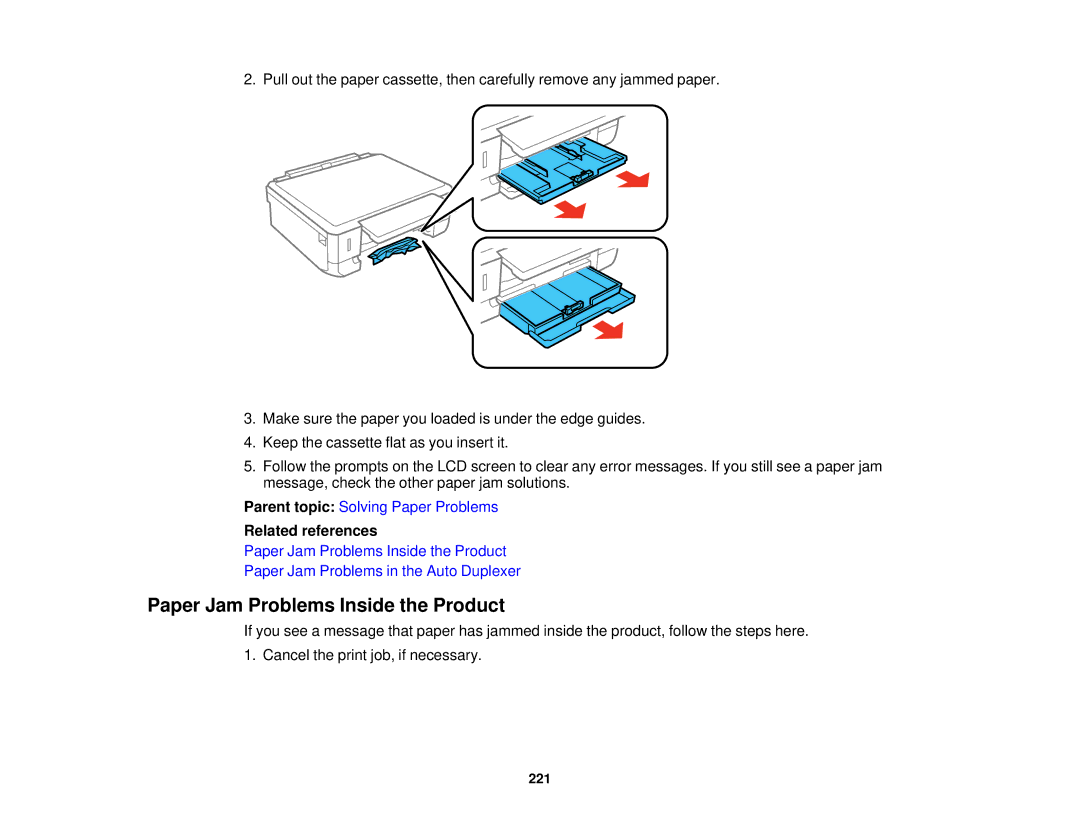 Epson XP-520 manual Paper Jam Problems Inside the Product 