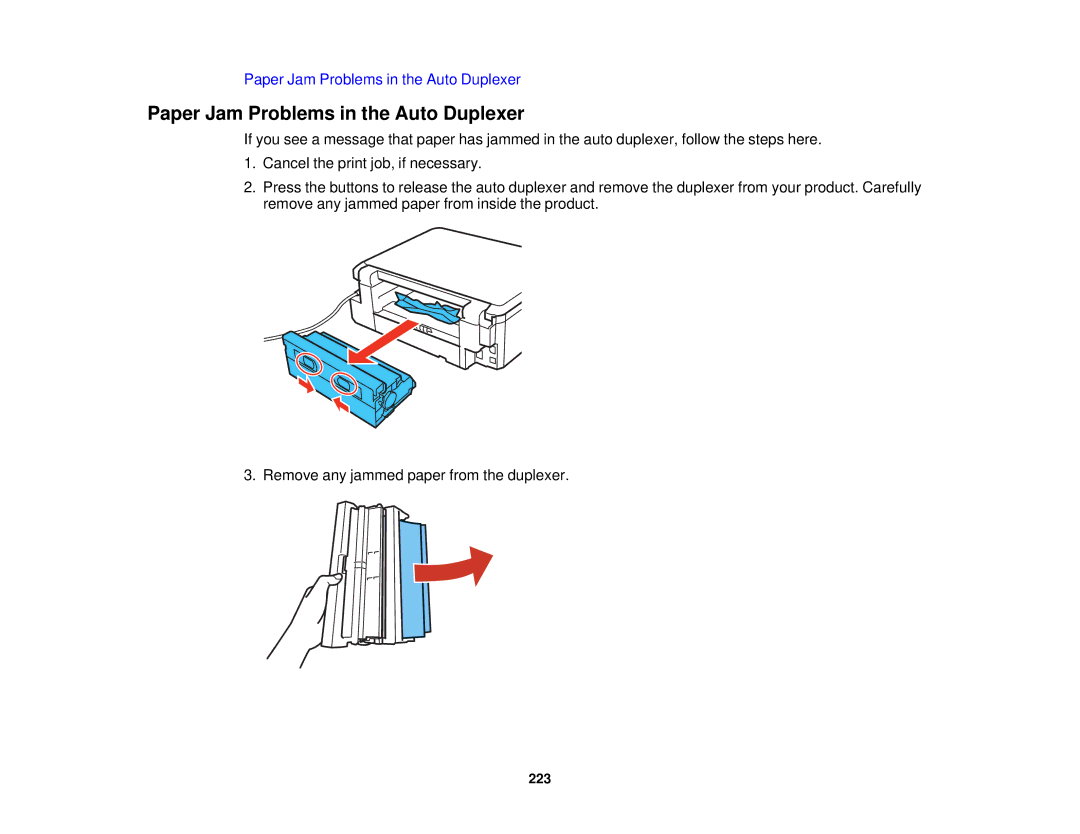 Epson XP-520 manual Paper Jam Problems in the Auto Duplexer 