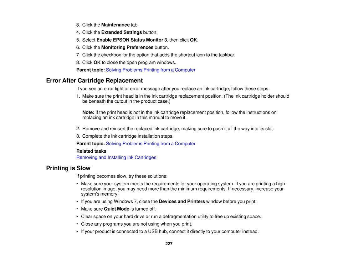 Epson XP-520 manual Error After Cartridge Replacement, Printing is Slow 