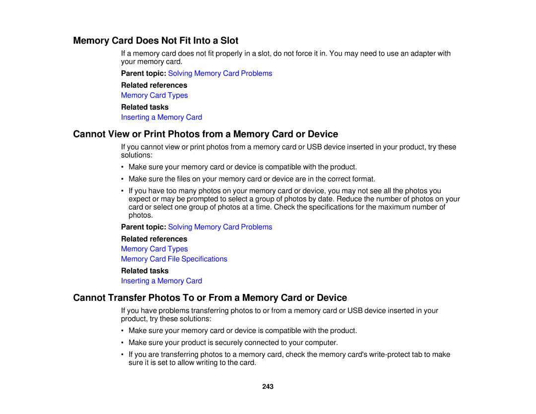 Epson XP-520 manual Memory Card Does Not Fit Into a Slot, Cannot View or Print Photos from a Memory Card or Device 