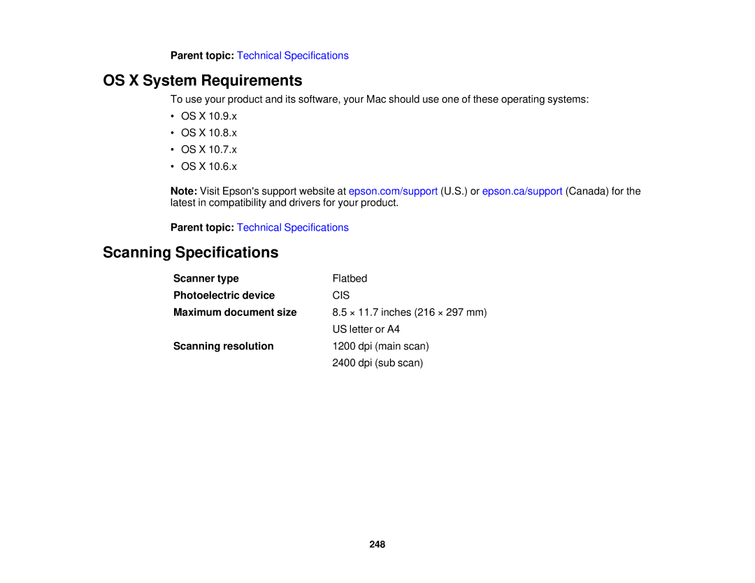 Epson XP-520 manual OS X System Requirements, Scanning Specifications 