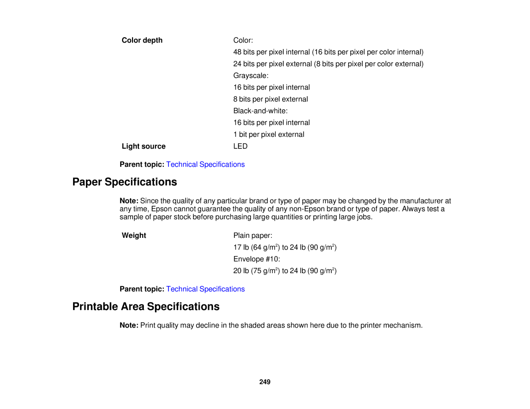 Epson XP-520 manual Paper Specifications, Printable Area Specifications, Color depth, Light source, Weight 