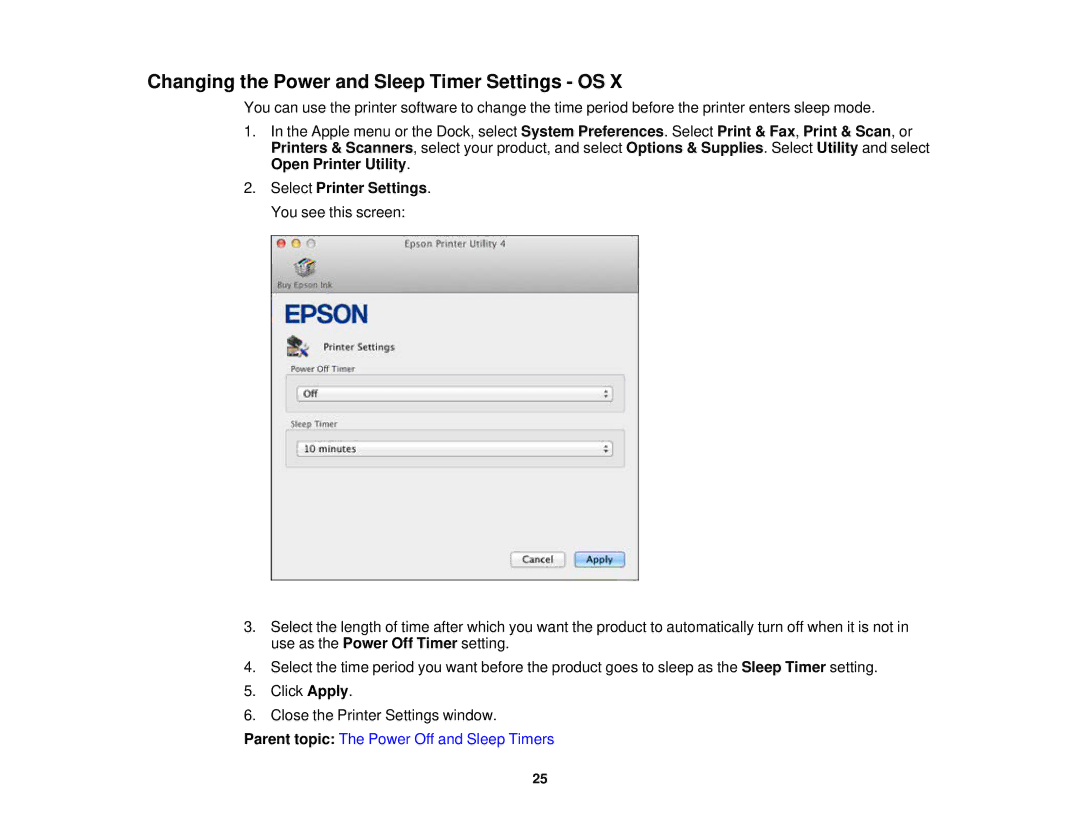 Epson XP-520 manual Changing the Power and Sleep Timer Settings OS 