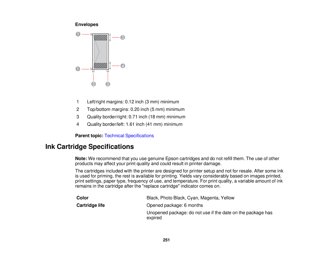 Epson XP-520 manual Ink Cartridge Specifications, Envelopes, Color, Cartridge life 