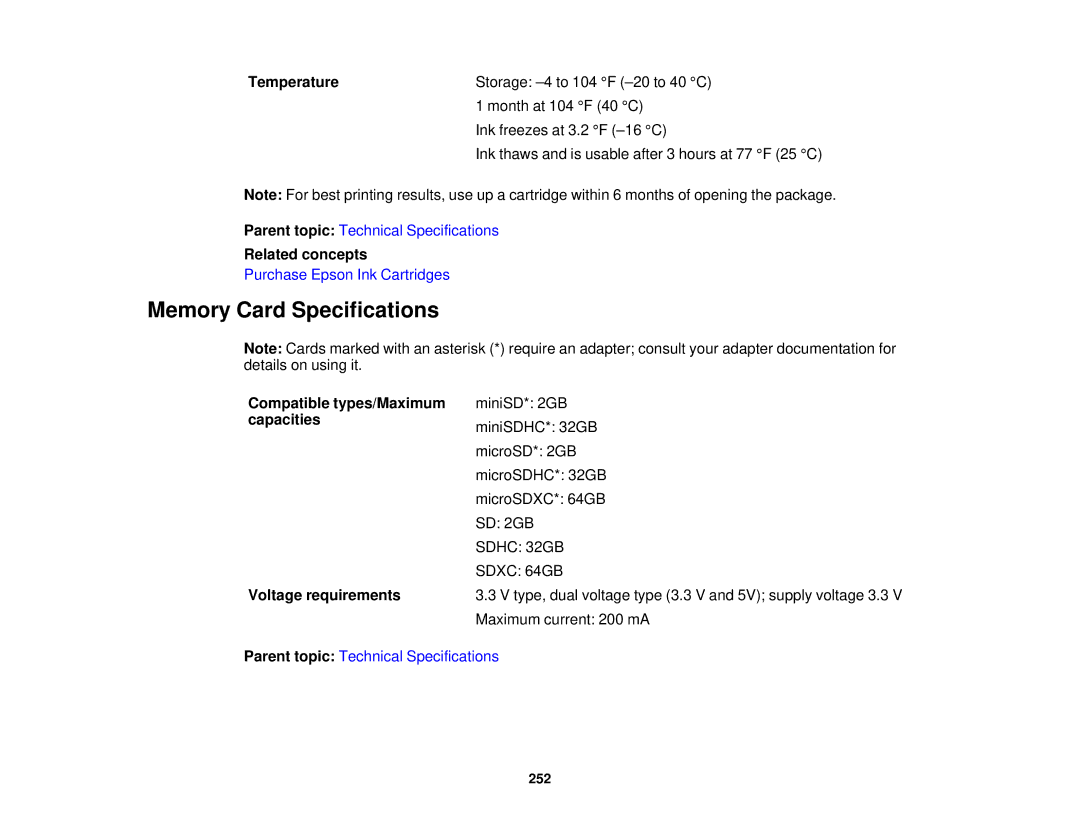 Epson XP-520 manual Memory Card Specifications, Temperature, Compatible types/Maximum capacities Voltage requirements 