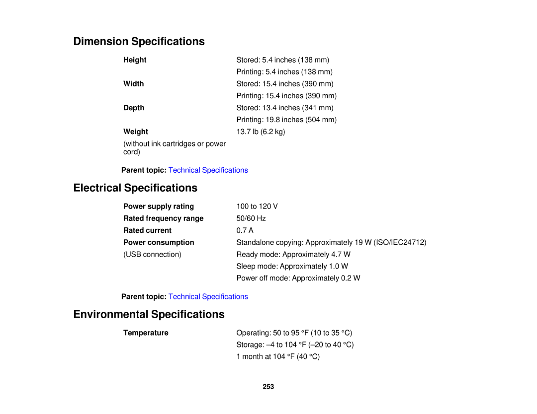 Epson XP-520 manual Dimension Specifications, Electrical Specifications, Environmental Specifications 