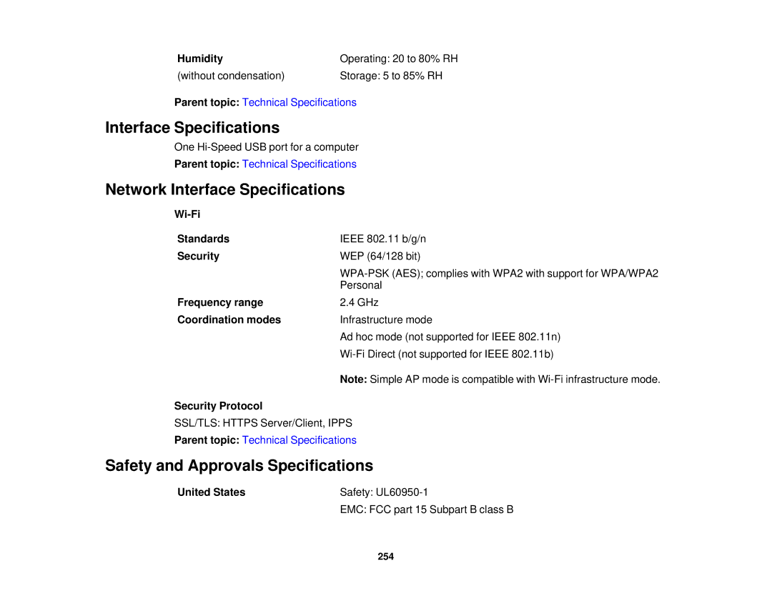 Epson XP-520 manual Network Interface Specifications, Safety and Approvals Specifications 