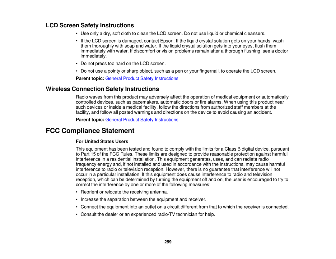 Epson XP-520 manual FCC Compliance Statement, LCD Screen Safety Instructions, Wireless Connection Safety Instructions 