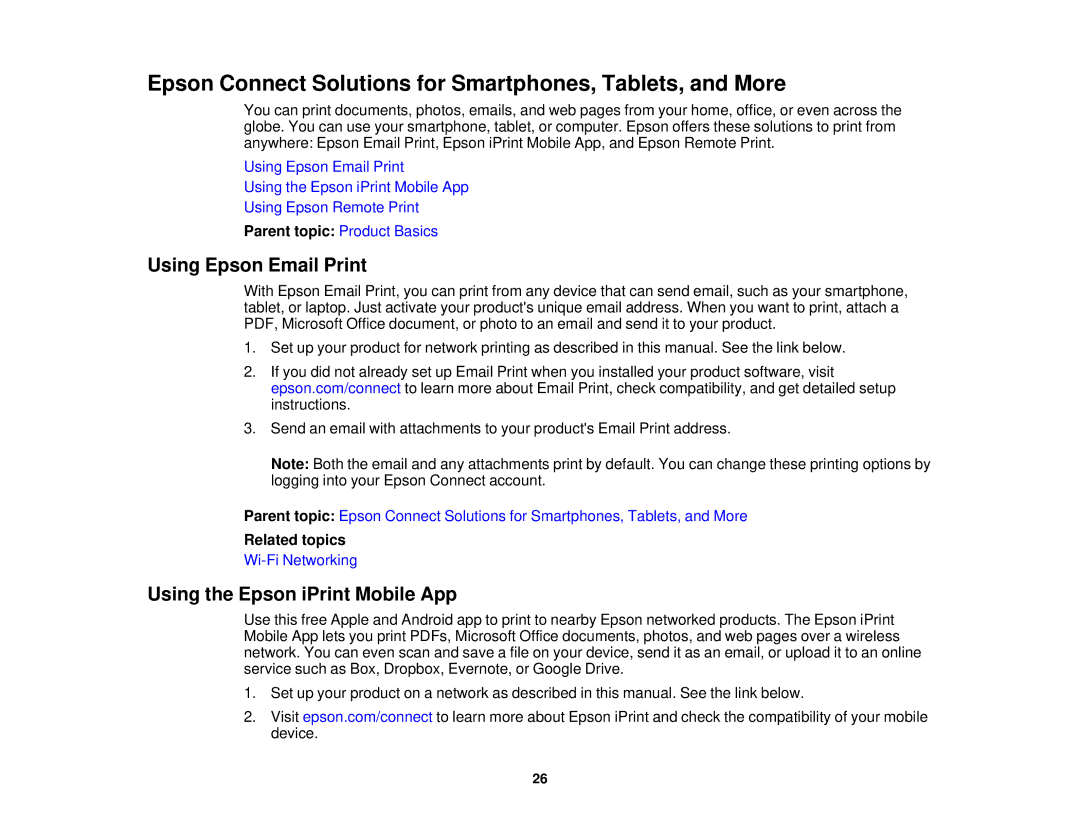 Epson XP-520 manual Epson Connect Solutions for Smartphones, Tablets, and More, Using Epson Email Print, Related topics 