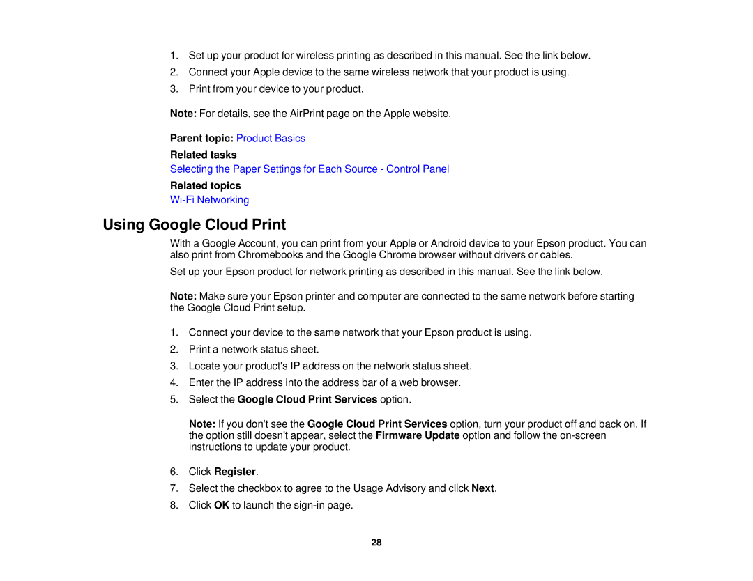 Epson XP-520 manual Using Google Cloud Print, Parent topic Product Basics Related tasks 