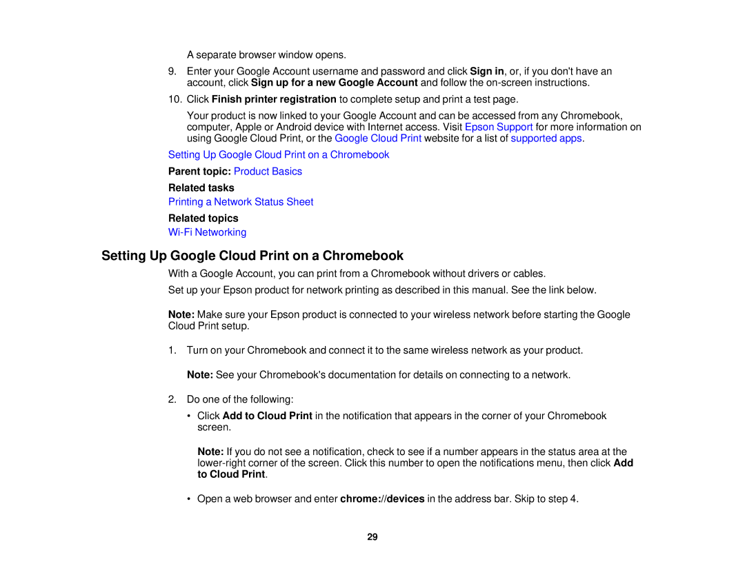 Epson XP-520 manual Setting Up Google Cloud Print on a Chromebook 