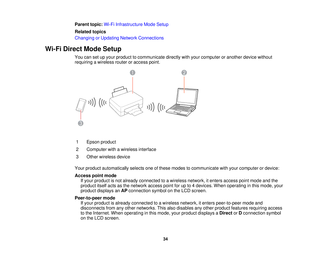 Epson XP-520 manual Wi-Fi Direct Mode Setup, Access point mode, Peer-to-peer mode 