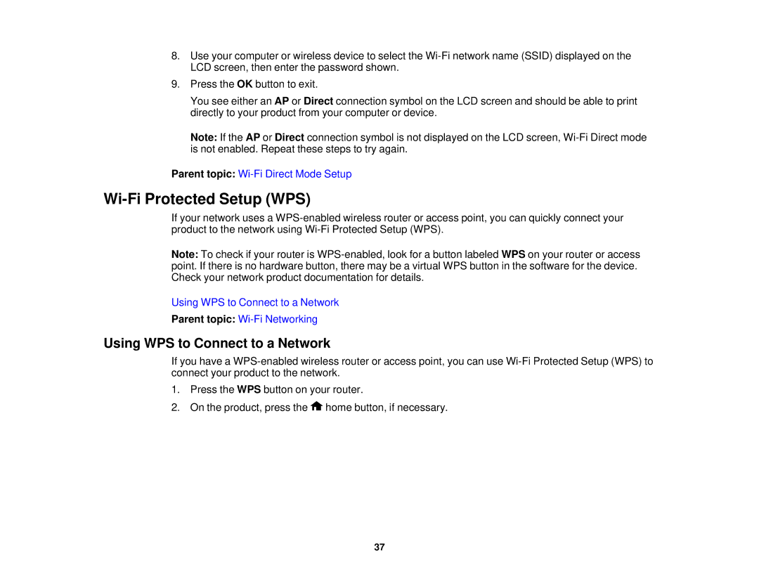 Epson XP-520 manual Wi-Fi Protected Setup WPS, Using WPS to Connect to a Network 