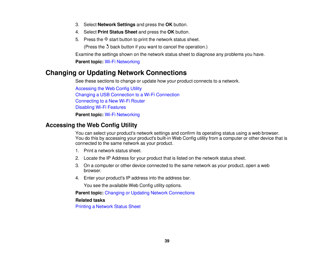 Epson XP-520 manual Changing or Updating Network Connections, Accessing the Web Config Utility 