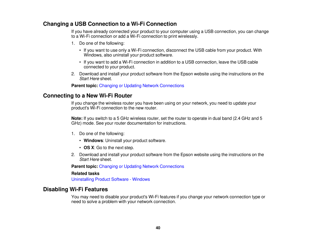 Epson XP-520 Changing a USB Connection to a Wi-Fi Connection, Connecting to a New Wi-Fi Router, Disabling Wi-Fi Features 