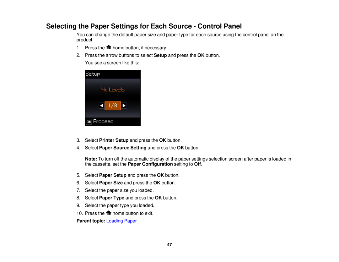 Epson XP-520 manual Selecting the Paper Settings for Each Source Control Panel, Parent topic Loading Paper 