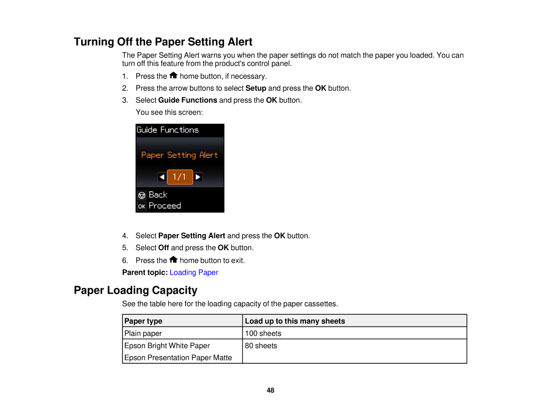 Epson XP-520 manual Turning Off the Paper Setting Alert, Paper Loading Capacity, Paper type Load up to this many sheets 