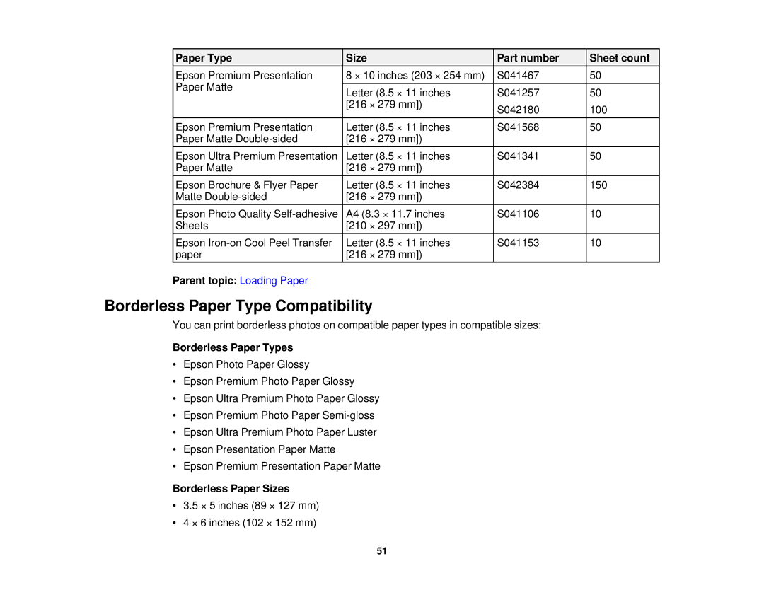 Epson XP-520 manual Borderless Paper Type Compatibility, Borderless Paper Types, Borderless Paper Sizes 