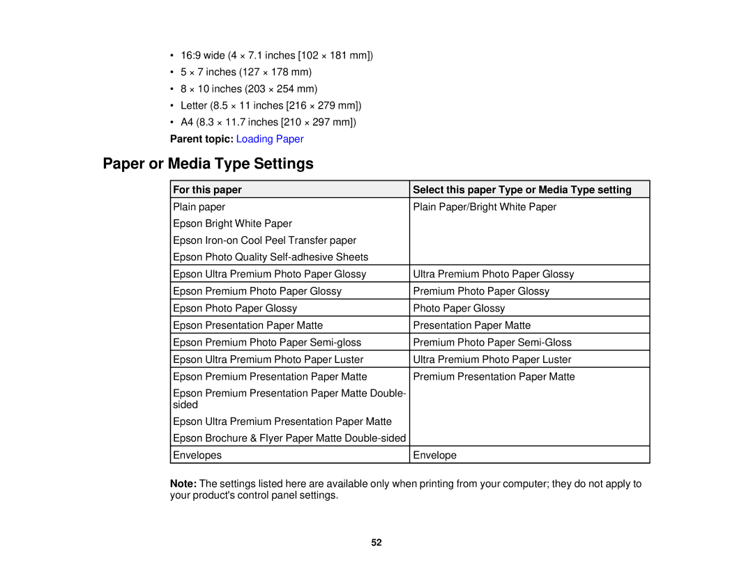 Epson XP-520 manual Paper or Media Type Settings, For this paper Select this paper Type or Media Type setting 