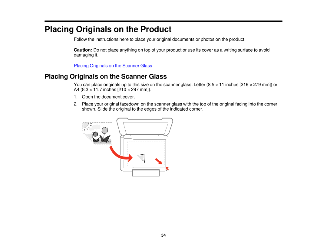 Epson XP-520 manual Placing Originals on the Product, Placing Originals on the Scanner Glass 