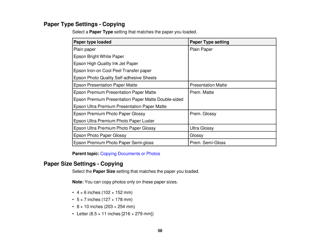 Epson XP-520 manual Paper Type Settings Copying, Paper Size Settings Copying, Paper type loaded Paper Type setting 