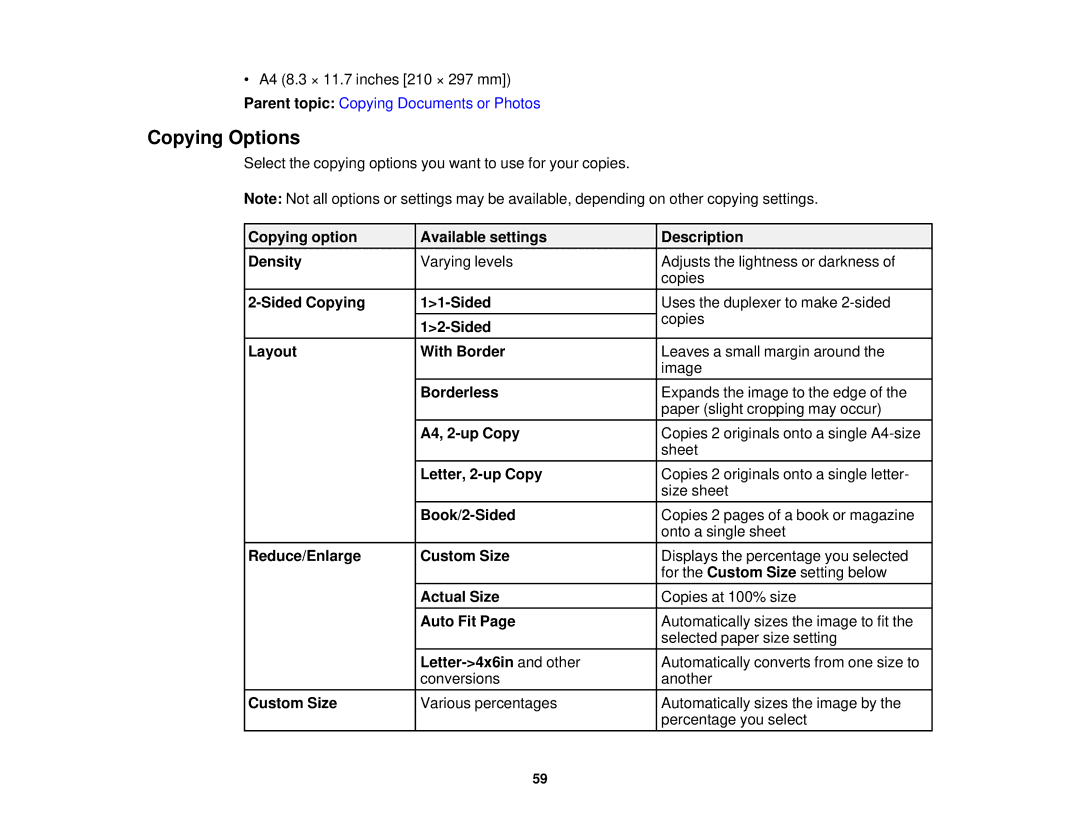 Epson XP-520 manual Copying Options 