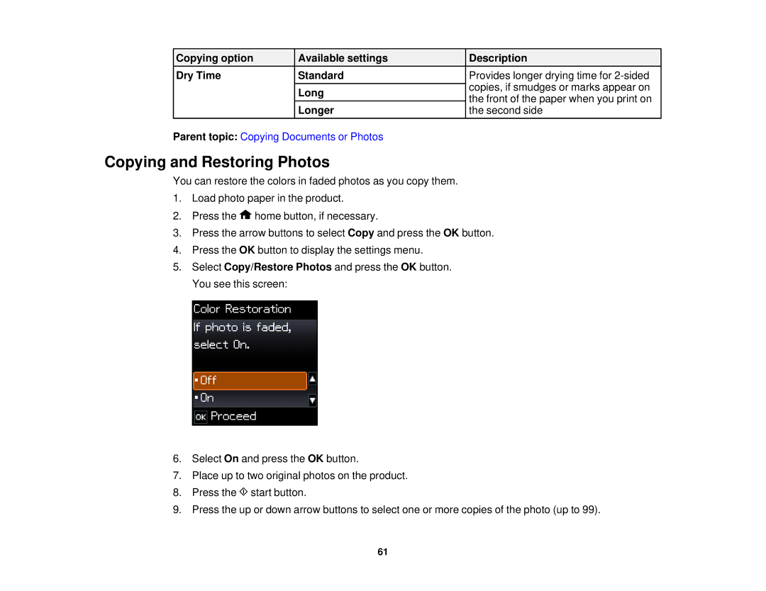 Epson XP-520 manual Copying and Restoring Photos 