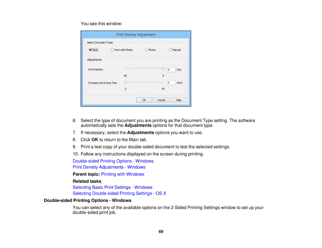 Epson XP-520 manual Related tasks, Double-sided Printing Options Windows 