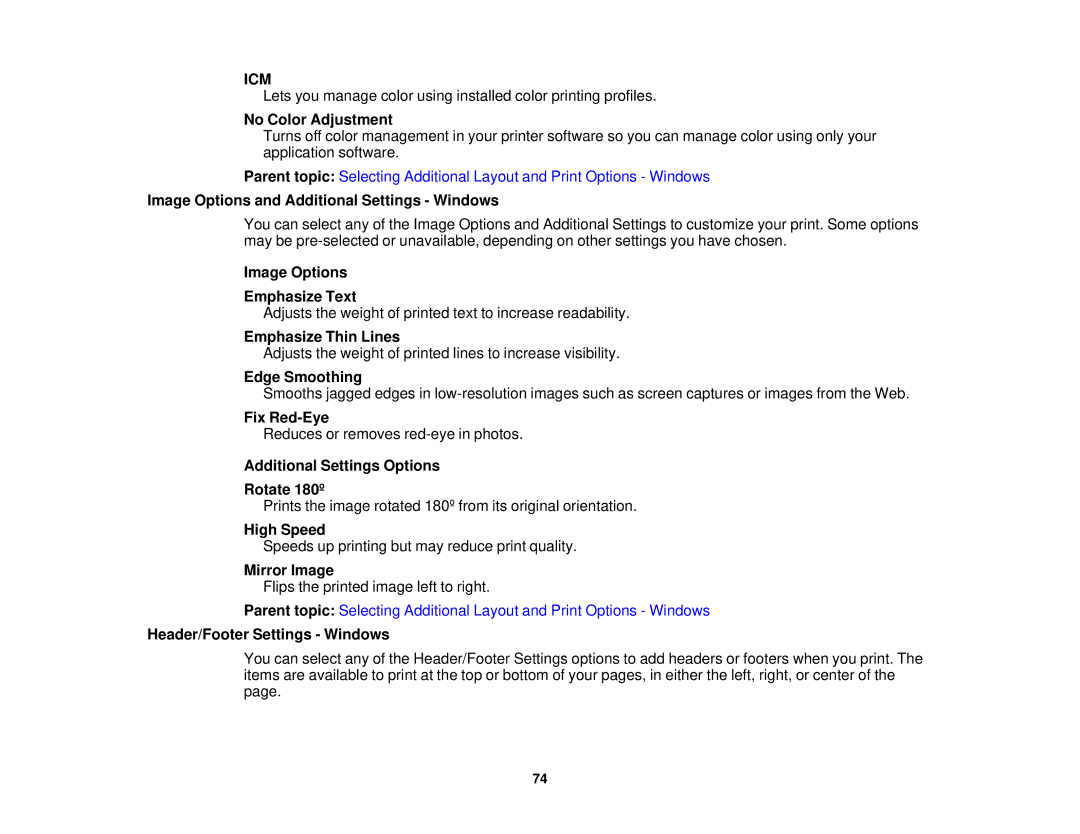 Epson XP-520 No Color Adjustment, Image Options and Additional Settings Windows, Image Options Emphasize Text, Fix Red-Eye 