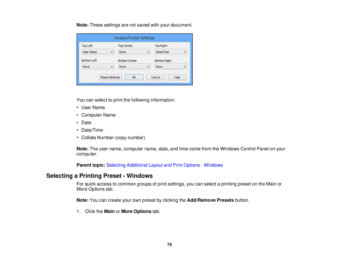 Epson XP-520 manual Selecting a Printing Preset Windows, Click the Main or More Options tab 