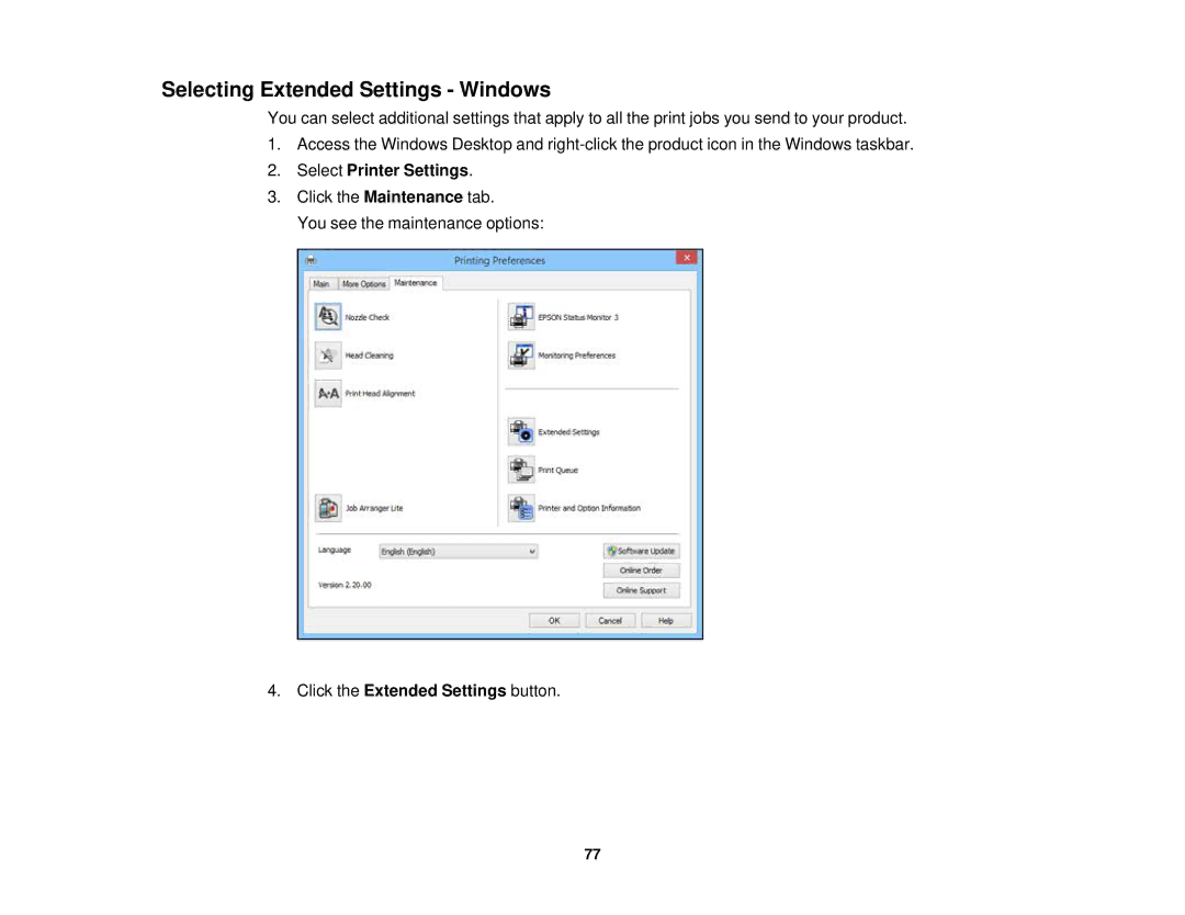 Epson XP-520 manual Selecting Extended Settings Windows, Click the Extended Settings button 