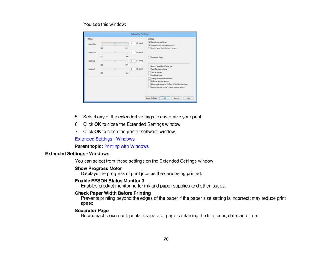 Epson XP-520 manual Extended Settings Windows, Show Progress Meter, Enable Epson Status Monitor, Separator 