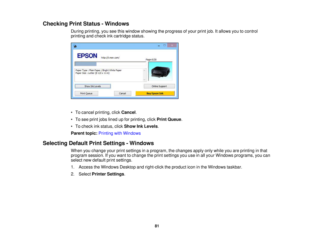 Epson XP-520 manual Checking Print Status Windows, Selecting Default Print Settings Windows 