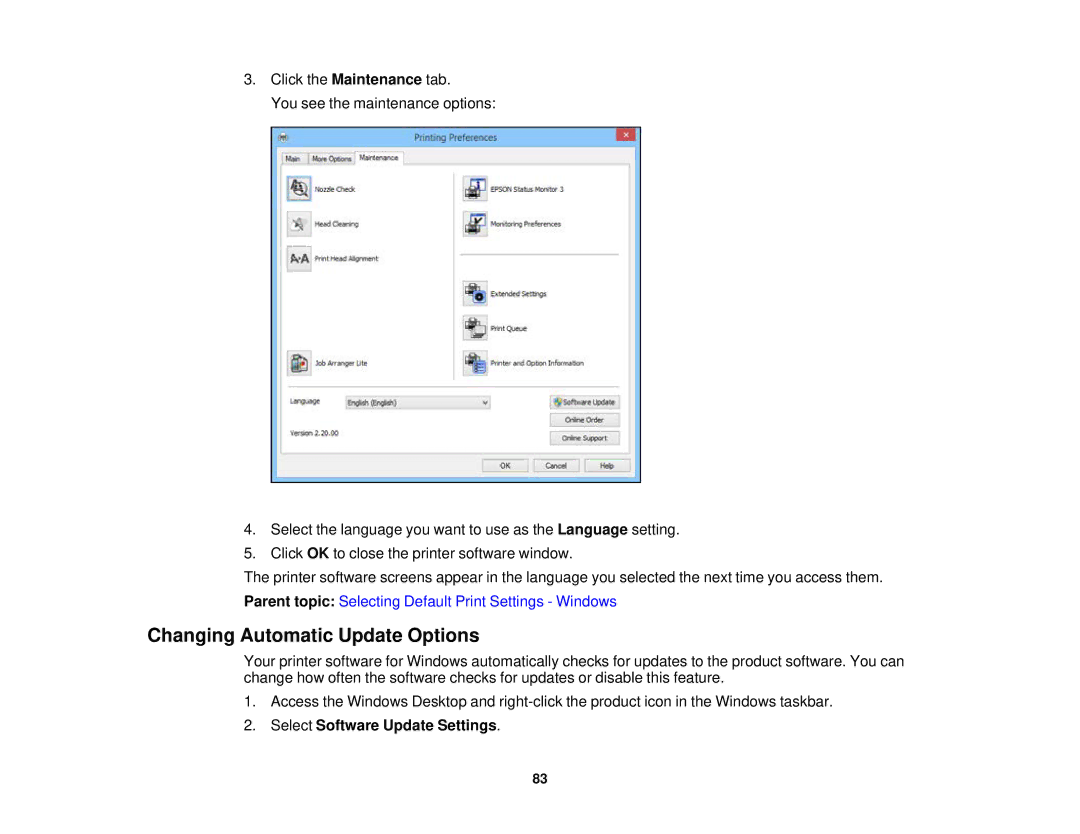 Epson XP-520 manual Changing Automatic Update Options, Select Software Update Settings 