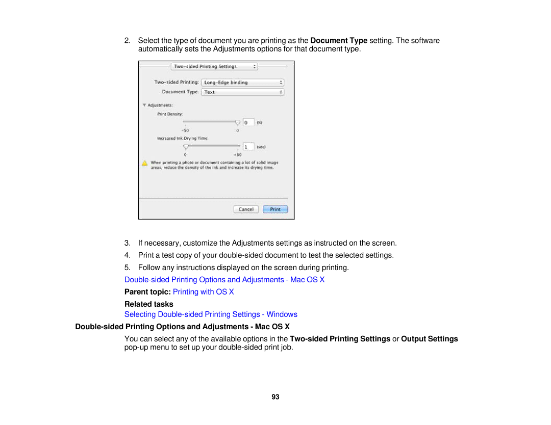 Epson XP-520 manual Related tasks, Double-sided Printing Options and Adjustments Mac OS 