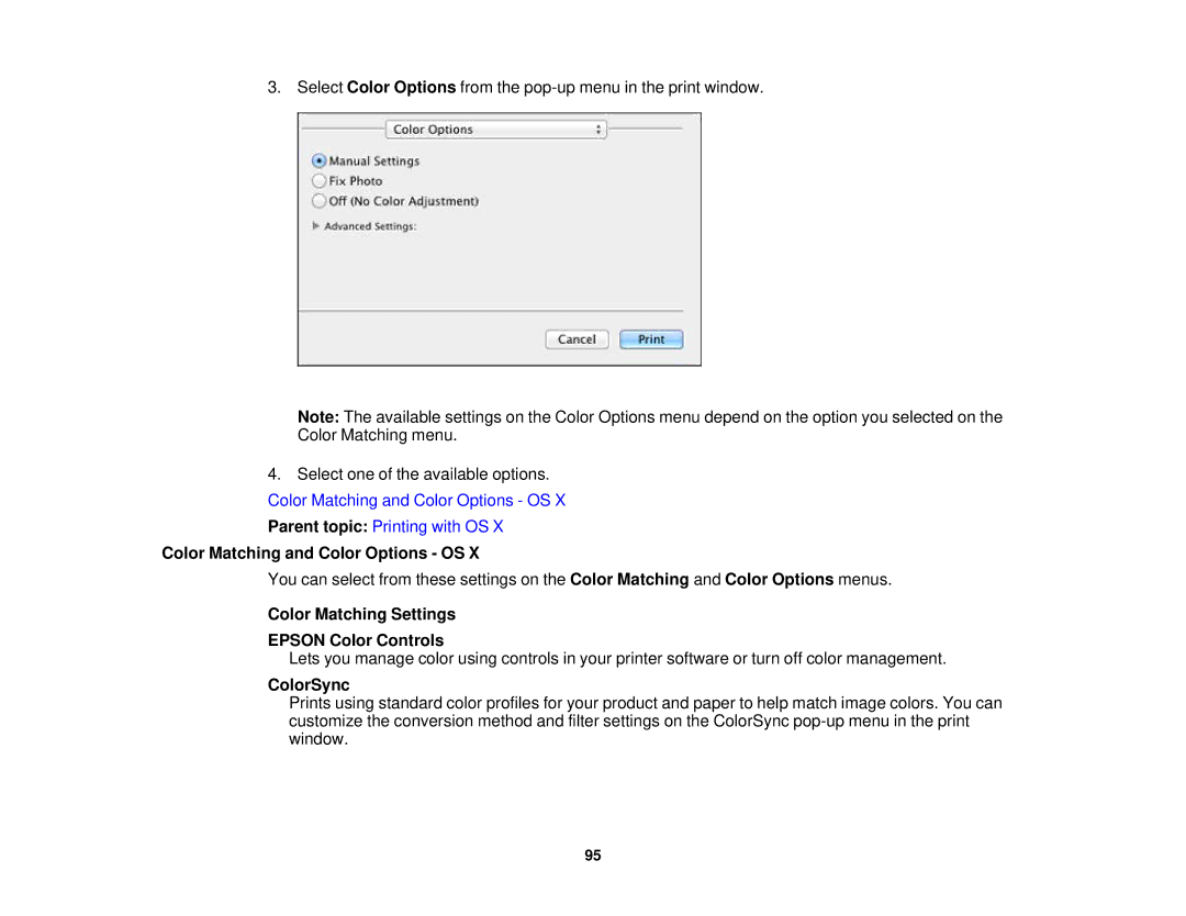Epson XP-520 manual Color Matching and Color Options OS, Color Matching Settings Epson Color Controls, ColorSync 