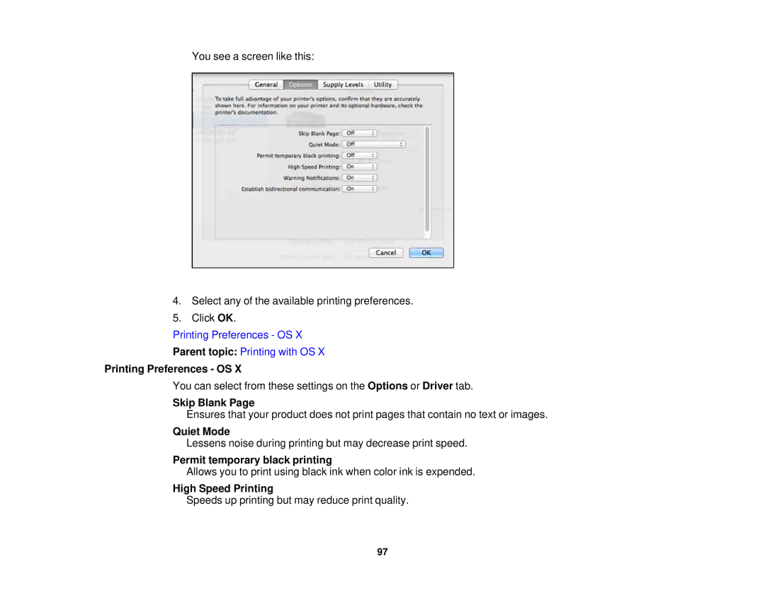 Epson XP-520 manual Printing Preferences OS, Quiet Mode, Permit temporary black printing, High Speed Printing 