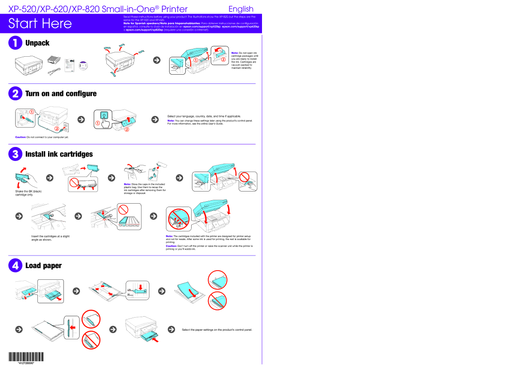 Epson XP-520/XP-620/XP-820 manual Unpack, Turn on and configure, Install ink cartridges, Load paper 