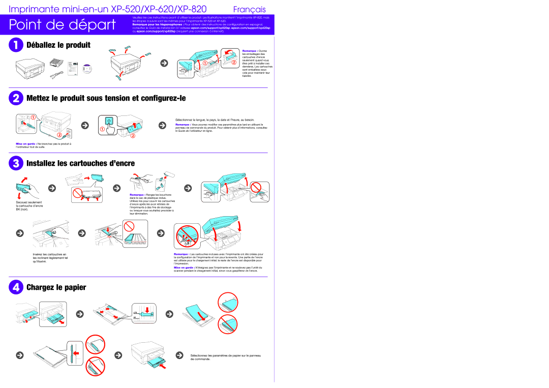 Epson XP-520/XP-620/XP-820 manual Déballez le produit, Mettez le produit sous tension et configurez-le, Chargez le papier 